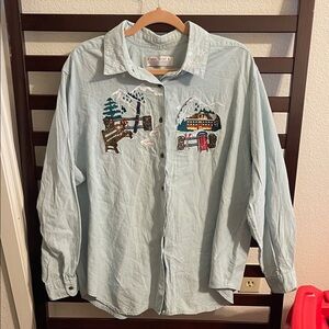 VNTG Karen Scott Light Blue Embroidered Button Down Shirt